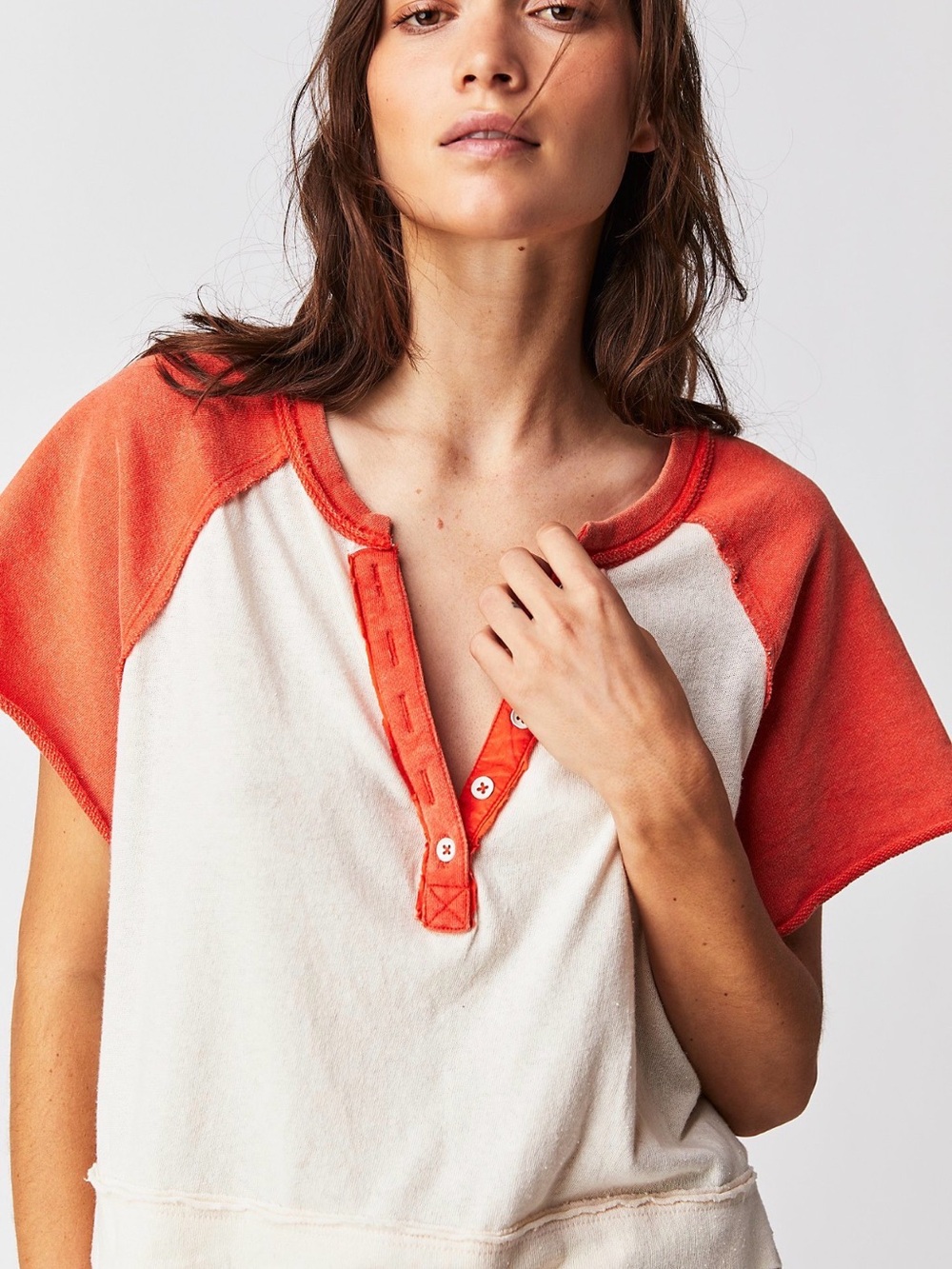 We The Free Closed Eye Henley Orange Slouchy Cropped Tee Size Small